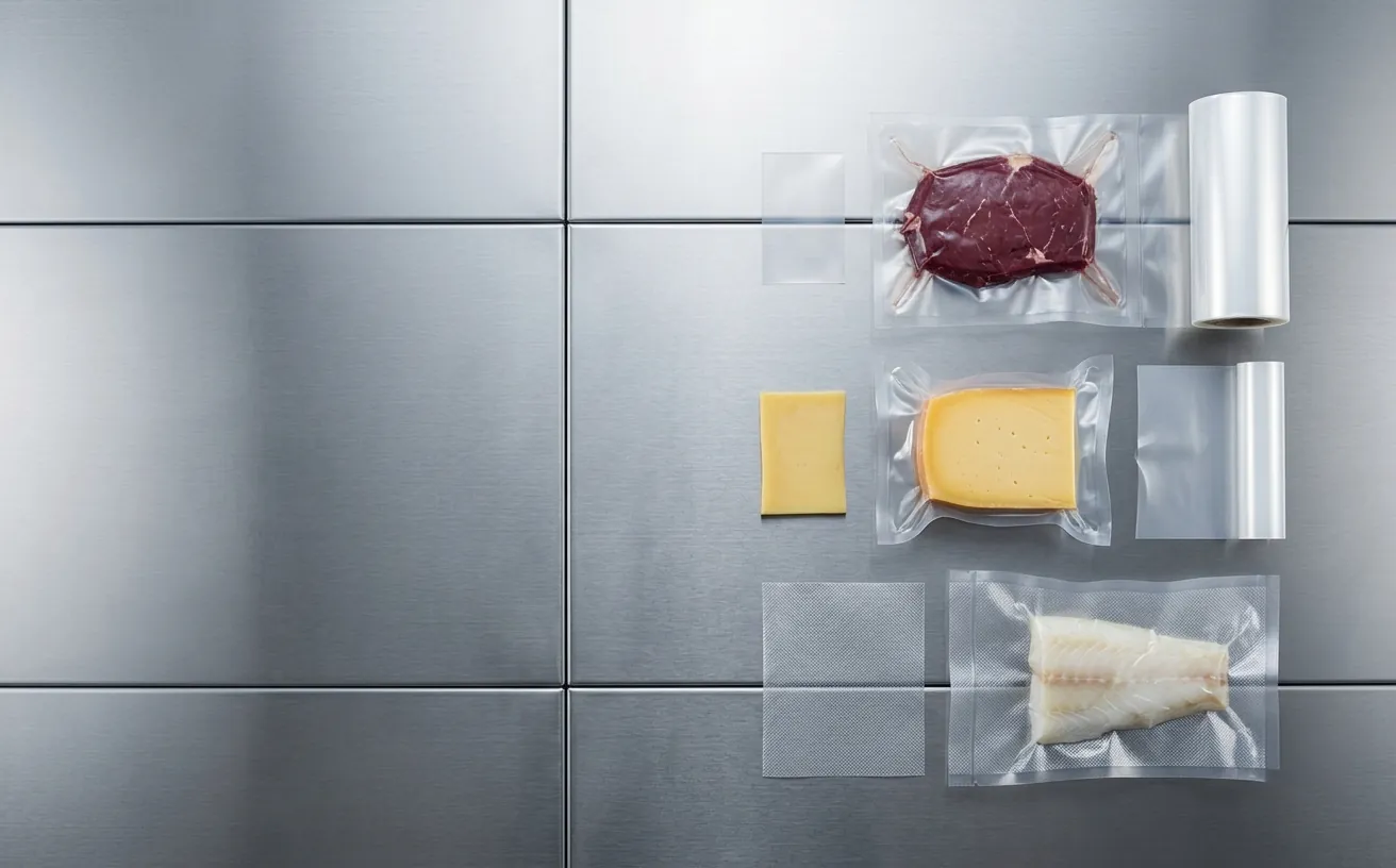 Diferentes alimentos y formatos de bolsa de vacío sobre una superficie técnica
