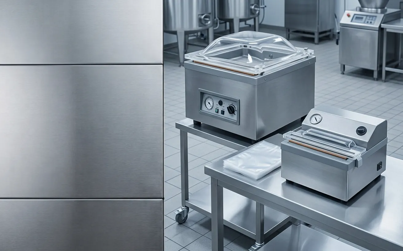 Máquina de vacío de cámara instalada sobre una mesa de trabajo industrial